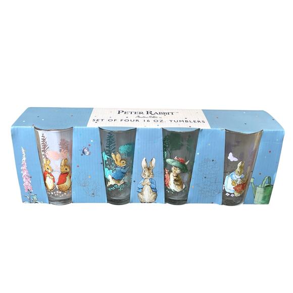 Beatrix Potter Peter Rabbit Glass Tumblers 16oz Set of 4 Spring Floral NEW - Picture 2 of 15